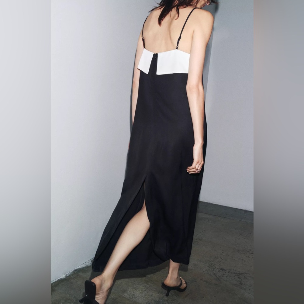 NWT Zara Woman Bloggers Fav ZW COLLECTION MINIMAL SATIN DRESS Black & White XL - Picture 3 of 12